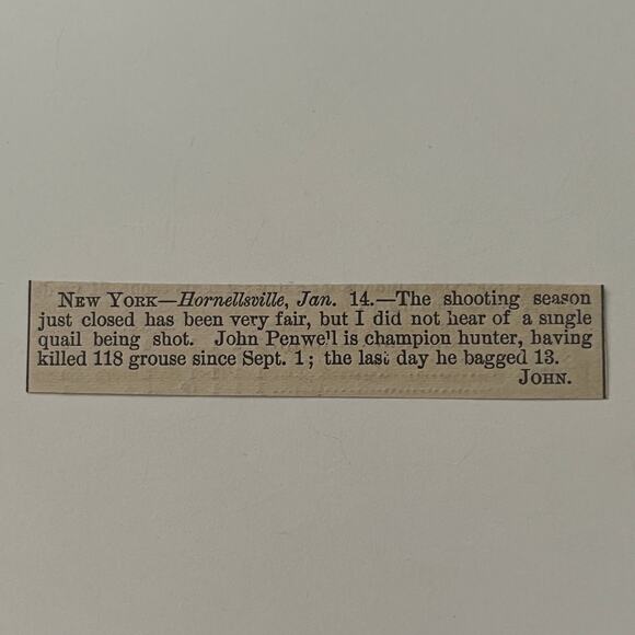 Shooting Season Very Fair John Penwell Hornellsville NY 1878 Clipping SAI4-S39